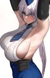 Rule 34 | 1girl, absurdres, armpit lips, armpits, arms up, blue eyes, blue headwear, blue necktie, blue skirt, blush, breasts, brid (nikke), edmun6969, elbow gloves, gloves, goddess of victory: nikke, highres, large breasts, long skirt, mole, mole on breast, necktie, pouch, sideboob, skirt, solo, sweat, veins, veiny breasts, white background, white hair