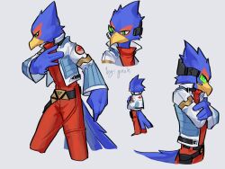 Rule 34 | 1boy, beak, belt, bird boy, closed mouth, commentary, crossed arms, falco lombardi, furry, furry male, green eyes, grey background, highres, jacket, male focus, multiple views, nintendo, open clothes, open jacket, pruh, signature, simple background, smile, standing, star fox, symbol-only commentary, tail, white jacket