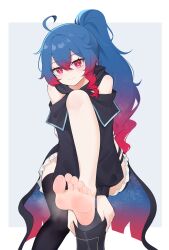 1girl absurdres barefoot blue_hair boots feet gradient_hair highres long_hair looking_at_viewer multicolored_hair original ponytail red_eyes red_hair shoes smile soles steam sweat toes two-tone_hair unworn_boots unworn_shoes wl217_(nicexa111)