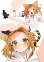 Rule 34 | 1girl, ahoge, animal ears, bare legs, black footwear, black shorts, blush, cat ears, cat tail, claw pose, clenched teeth, clothes writing, commentary request, drawstring, fang, forehead, full body, gotou (nekocat), green eyes, hands up, head tilt, highres, hood, hoodie, looking at viewer, multiple views, one eye closed, open mouth, orange hair, original, portrait, shoes, short hair, short shorts, short sleeves, shorts, side slit, sneakers, tail, teeth, thighs, tiger ears, tiger tail, white background, white hoodie