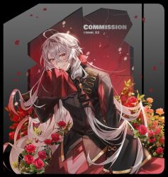 Rule 34 | 1boy, absurdres, androgynous, ankou (shuuen no virche), black jacket, bon (bony 53), commission, flower, highres, jacket, long hair, long sleeves, looking at viewer, male focus, pink flower, pink rose, red eyes, red flower, red rose, rose, shuuen no virche, solo, white hair