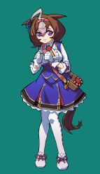 Rule 34 | 1girl, :3, @ @, absurdres, ahoge, animal ears, bag, blue dress, brown bag, brown hair, buttons, center frills, clenched hands, closed mouth, collared shirt, commentary request, double-breasted, dress, frills, full body, green background, hair between eyes, hairband, highres, horse ears, horse girl, horse tail, charm (object), looking at viewer, meisho doto (umamusume), pantyhose, pink hairband, puffy sleeves, shirt, short hair, shoulder bag, solo, suzuhara kenji, tail, umamusume, white footwear, white hair, white pantyhose