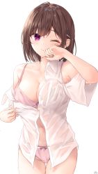Rule 34 | 1girl, bad id, bad pixiv id, bra, breasts, brown hair, childhood friend-chan (ramchi), cleavage, hair ornament, highres, looking at viewer, medium breasts, one eye closed, original, panties, pink bra, pink panties, purple eyes, ramchi, see-through, see-through shirt, shirt, short hair, simple background, solo, underwear, wet, wet clothes, wet shirt, white background, white shirt, x hair ornament