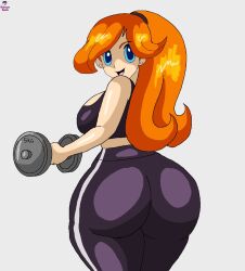 Rule 34 | 1girl, ass, black sports bra, blue eyes, breasts, earrings, exercising, from behind, highres, holding dumbbell, huge ass, jewelry, large breasts, long hair, looking at viewer, looking back, mona (warioware), nintendo, non-web source, open mouth, orange hair, pants, smile, solo, sports bra, stud earrings, warioware, yoga pants
