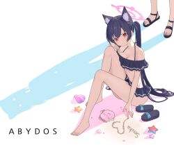 Rule 34 | 2girls, animal ear fluff, animal ears, doodle sensei (blue archive), ass, barefoot, bikini, black bikini, black hair, blue archive, bow, breasts, cameo, cat ears, cat girl, character name, cleavage, commentary request, cro (user znms5733), extra ears, frilled bikini, frills, hair between eyes, hair bow, hair ribbon, halo, heart, highres, knee to chest, knees up, long hair, medium breasts, multiple girls, navel, out of frame, red eyes, ribbon, sandals, unworn sandals, sensei (blue archive), serika (blue archive), serika (swimsuit) (blue archive), shell casing, shiroko (blue archive), shiroko (swimsuit) (blue archive), sidelocks, simple background, sleeveless, small breasts, spaghetti strap, starfish, stomach, swimsuit, toes, twintails
