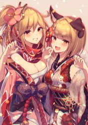Rule 34 | 2girls, :d, animal ears, bare shoulders, bell, black bow, blonde hair, bow, braid, breasts, chromatic aberration, cleavage, clenched teeth, commentary request, cowboy shot, djeeta (granblue fantasy), dog ears, dog girl, fang, flower, fur trim, granblue fantasy, grin, hair flower, hair ornament, hand up, hands up, highres, homaderi, japanese clothes, jewelry, jingle bell, kanzashi, kimono, large breasts, long hair, looking at viewer, medium breasts, multiple girls, obi, off shoulder, open mouth, orange eyes, ponytail, print kimono, red flower, red scarf, rope, sash, scarf, shimenawa, short hair, side-by-side, smile, standing, teeth, v-shaped eyebrows, vajra (granblue fantasy), white kimono, wide sleeves