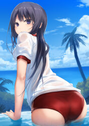 Rule 34 | 1girl, ass, black hair, blue sky, breasts, buruma, cloud, coffee-kizoku, commentary, day, from behind, gym uniform, highres, long bangs, long hair, looking at viewer, medium breasts, original, outdoors, palm tree, partially submerged, purple eyes, red buruma, shiramine rika, shirt, short sleeves, sky, solo, tree, water, wet, wet clothes, wet shirt