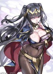 Rule 34 | 1girl, 2017, ario, black eyes, black hair, blunt bangs, bodysuit, book, hugging book, bracelet, breasts, bridal gauntlets, cape, cleavage, cowboy shot, dated, fire emblem, fire emblem awakening, holding, holding book, jewelry, large breasts, long hair, looking at viewer, nintendo, hugging object, parted lips, pelvic curtain, solo, tharja (fire emblem), tiara, two side up