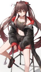 Rule 34 | 1girl, ahoge, alternate costume, belt, black footwear, black jacket, breasts, brown hair, choker, collarbone, crop top, duplicate, ebiri fy, flower, genshin impact, hair between eyes, heart, highres, hu tao (genshin impact), jacket, long hair, long sleeves, looking at viewer, midriff, off shoulder, on stool, red choker, red eyes, shirt, shoes, shorts, simple background, sitting, sleeveless, sleeveless shirt, small breasts, smile, sneakers, solo, symbol-shaped pupils, tongue, tongue out, twintails, very long hair, white background