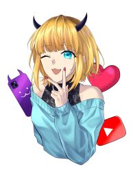 Rule 34 | 1girl, ;d, absurdres, aqua eyes, aqua sweater, bare shoulders, blonde hair, blue eyes, blue sweater, blunt bangs, cellphone, cropped torso, demon horns, fingernails, hand up, heart, highres, horns, jewelry, long sleeves, looking at viewer, mem-cho, nail polish, necklace, off-shoulder sweater, off shoulder, one eye closed, open mouth, oshi no ko, pearl necklace, phone, red nails, ribbed sweater, short hair, simple background, smartphone, smartphone case, smile, solo, suprii, sweater, upper body, v over mouth, w, white background, youtube logo