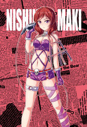 Rule 34 | 10s, 1girl, bad id, bad pixiv id, bondage outfit, character name, collar, colorized, fish.boy, highres, leg belt, looking at viewer, love live!, love live! school idol project, microphone, monochrome, nishikino maki, purple eyes, red hair, short hair, shorts, skull, solo