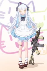 Rule 34 | 1girl, absurdres, aged down, alternate costume, apron, armband, bare legs, brown footwear, dress, full body, girls&#039; frontline, green eyes, grey hair, guan 1005, guandw, highres, hk416 (girls&#039; frontline), long hair, looking at viewer, solo, straight hair