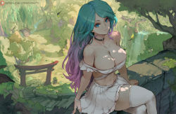 Rule 34 | 1girl, black choker, blue eyes, breasts, bridge, choker, cleavage, commission, cutesexyrobutts, gradient hair, green hair, highres, indie virtual youtuber, large breasts, ledge, light smile, lips, long hair, looking at viewer, midriff, multicolored hair, nail polish, navel, parted lips, purple hair, silvervale, sitting, skirt, solo, thighhighs, tree, very long hair, virtual youtuber, white thighhighs