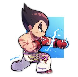 Rule 34 | 1boy, black eyes, black hair, closed mouth, electricity, fighting stance, from side, full body, gloves, kotorai, male focus, mishima kazuya, navel, pants, punching, red gloves, scar, scar on arm, scar on face, short hair, signature, solo, studded gloves, tekken, toned, toned male, topless male, v-shaped eyebrows, white pants