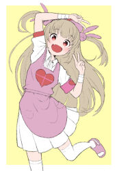 Rule 34 | &gt; &lt;, 1girl, :d, apron, arm up, bandaged wrist, bandages, blush, collared dress, commentary request, double v, dress, fang, hair ornament, hand up, hat, heart, heart print, light brown hair, long hair, looking at viewer, natori sana, nurse cap, open mouth, pink apron, pink footwear, pink hat, puffy short sleeves, puffy sleeves, rabbit hair ornament, red eyes, sana channel, short sleeves, skin fang, slippers, smile, solo, standing, standing on one leg, thighhighs, two side up, v, virtual youtuber, white dress, white thighhighs, youhei777king