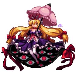 Rule 34 | 1girl, blonde hair, bow, breasts, choker, cleavage, closed eyes, dress, elbow gloves, extra eyes, floating, frilled dress, frills, gloves, hair between eyes, hair bow, half-closed eyes, holding, holding umbrella, horror (theme), huge bow, hyatsu, long hair, looking at viewer, lowres, off-shoulder dress, off shoulder, over shoulder, pantyhose, pink umbrella, pixel art, puffy sleeves, purple dress, purple gloves, quad tails, red bow, red choker, red footwear, red ribbon, ribbon, signature, simple background, smile, solo, touhou, transparent background, umbrella, very long hair, white background, white pantyhose, yakumo yukari, yellow eyes
