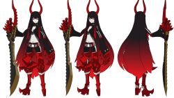 Rule 34 | 10s, 1girl, 3d, armor, bike shorts, black gold saw, black hair, black rock shooter, breasts, character sheet, choker, cleavage, gradient hair, groin, horns, king saw, long hair, multicolored hair, multiple persona, navel, official art, red eyes, red hair, shorts, simple background, small breasts, star (symbol), sword, very long hair, weapon