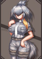 Rule 34 | 10s, 1girl, alternate breast size, arm at side, artist name, bare arms, belt, bird tail, black hair, breast pocket, breasts, closed mouth, collared shirt, commentary, curvy, dated, expressionless, grey pantyhose, grey shirt, grey shorts, hair between eyes, hand up, highres, impossible clothes, impossible shirt, kemono friends, large breasts, long hair, looking afar, low ponytail, multicolored hair, necktie, no gloves, orange eyes, orange hair, pantyhose, pantyhose under shorts, pocket, shirt, shoebill (kemono friends), short sleeves, shorts, side ponytail, silver hair, solo, standing, tail, tsurime, upper body, white necktie, wide hips, zinfyu