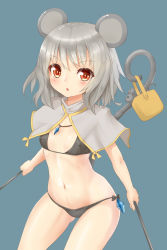 Rule 34 | 1girl, animal ears, basket, bikini, black bikini, breasts, capelet, chiroshiron, covered erect nipples, dowsing rod, gem, grey hair, highres, jewelry, looking at viewer, mouse (animal), mouse ears, mouse tail, navel, nazrin, necklace, open mouth, pendant, red eyes, small breasts, solo, swimsuit, tail, touhou