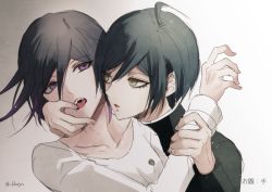 Rule 34 | 2boys, ahoge, artist name, black hair, black jacket, brown eyes, collarbone, commentary request, danganronpa (series), danganronpa v3: killing harmony, finger in another&#039;s mouth, gradient background, jacket, long sleeves, looking at another, male focus, multiple boys, open mouth, oma kokichi, purple eyes, saihara shuichi, sakuyu, shirt, sketch, straitjacket, teeth, thumb to mouth, tongue, tongue out, twitter username, upper body, upper teeth only, white jacket, yaoi