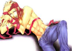 Rule 34 | 1boy, gradient background, long hair, male focus, muscular, red hair, saiyuki, sha gojyo, solo, tagme, topless male, white background