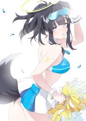 Rule 34 | 1girl, animal ears, bare shoulders, blue archive, blush, breasts, cheerleader, dog ears, dog girl, dog tail, eyewear on head, goggles, goggles on head, halo, hibiki (blue archive), hibiki (cheer squad) (blue archive), highres, holding, holding pom poms, long hair, looking at viewer, medium breasts, millennium cheerleader outfit (blue archive), open mouth, oxygen mask (oxygenmask233), pom pom (cheerleading), pom poms, solo, sticker on arm, sticker on face, tail