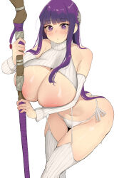 Rule 34 | 1girl, absurdres, areola slip, ass, bare shoulders, breast suppress, breasts, breasts out, butt crack, cropped sweater, detached sleeves, fern (sousou no frieren), garter straps, highres, holding, holding staff, huge breasts, large areolae, leaning on object, long hair, looking at viewer, meme attire, minggoo, navel, panties, purple eyes, purple hair, revealing clothes, ribbed sleeves, ribbed sweater, ribbed thighhighs, side-tie panties, simple background, sleeveless, sleeveless sweater, sleeveless turtleneck, solo, sousou no frieren, staff, sweater, thigh gap, turtleneck, underwear, virgin destroyer sweater, white background, white garter straps, white panties