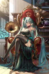 Rule 34 | 1girl, absurdres, black dress, black thighhighs, blue eyes, blue hair, breasts, crossed legs, detached collar, dress, full body, hair between eyes, hair ribbon, hand on own thigh, hatsune miku, high heels, highres, indoors, large breasts, long hair, looking at viewer, meion, nail polish, phonograph, ribbon, shoe dangle, sitting, solo, thighhighs, throne, twintails, very long hair, vocaloid