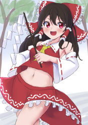 Rule 34 | 1girl, :d, ascot, blush, bow, breasts, detached sleeves, double-parted bangs, frilled bow, frills, gohei, hair bow, hair tubes, hakurei reimu, highres, holding, holding stick, houri sh, medium breasts, midriff, navel, open mouth, outdoors, red bow, red skirt, ribbon-trimmed sleeves, ribbon trim, skirt, smile, solo, stick, touhou, tree