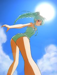 Rule 34 | 00s, 1girl, ass, bad id, bad pixiv id, casual one-piece swimsuit, drill hair, flat chest, frilled swimsuit, frills, from below, galaxy angel, green hair, highres, lens flare, long hair, looking back, looking down, nyama, one-piece swimsuit, outstretched arm, perspective, ponytail, reaching, red eyes, solo, sun, swimsuit, vanilla h