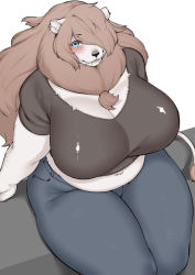 Rule 34 | 1girl, animal ears, bear ears, bear girl, belly, black shirt, blue eyes, blush, breasts, brown hair, cleavage, cow tail, denim, earrings, eyelashes, furry, furry female, hair over one eye, half-closed eyes, highres, huge breasts, hybrid, jeans, jewelry, kikunoya, lip piercing, long hair, looking at viewer, looking up, midriff, nose, open mouth, pants, piercing, plump, pocket, shiny clothes, shirt, sidelocks, sitting, solo, tail, thick thighs, thighs, very long hair, wide hips