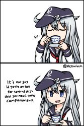 Rule 34 | 10s, 1girl, 2koma, anchor, artist name, black border, blue eyes, border, closed eyes, comic, cup, drinking, english text, flat cap, hat, hibiki (kancolle), highres, holding, holding cup, kantai collection, long hair, necktie, raythalosm, red necktie, school uniform, silver hair, smile, solo, truth, twitter username