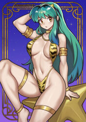 1girl animal_print aqua_hair arm_up bikini bracelet breasts gold_anklet gold_armlet gold_bracelet gold_necklace gold_thighlet horns jewelry large_breasts lum navel necklace oni redjet solo swimsuit tiger_print urusei_yatsura yellow_bikini yellow_eyes yellow_horns