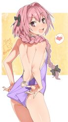 Rule 34 | 1boy, adjusting clothes, adjusting swimsuit, ass, astolfo (fate), back, bare back, bow, braid, cowboy shot, fate/apocrypha, fate/grand order, fate (series), hair bow, heart, long hair, male focus, one-piece swimsuit, open mouth, pink hair, rkrk, shoulder blades, single braid, smile, swimsuit, trap, twitter username