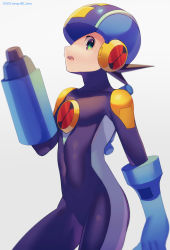 Rule 34 | 1boy, arm at side, arm cannon, artist name, blue headwear, bodysuit, brown hair, commentary request, covered collarbone, covered navel, cowboy shot, dated, green eyes, grey background, hand up, helmet, highres, male focus, mega man (series), mega man battle network, mega man battle network (series), megaman.exe, netnavi, open mouth, purple bodysuit, short hair, simple background, solo, standing, teeth, twitter username, upper teeth only, weapon, zero-go