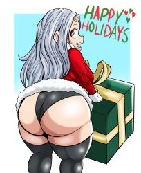 Rule 34 | 1girl, absurdres, ass, black panties, boku no hero academia, christmas, doeswhatever, eri (boku no hero academia), from behind, fur trim, gift, happy holidays, highres, horn, huge ass, long hair, looking at viewer, looking back, panties, red eyes, santa costume, smile, solo, thick thighs, thighhighs, thighs, underwear, white hair, wide hips
