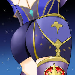 Rule 34 | 1girl, artist request, ass, ass focus, blue shorts, from behind, genshin impact, head out of frame, huge ass, lower body, mona (genshin impact), shiny clothes, shiny skin, short shorts, shorts, solo, thighhighs, thighlet
