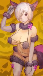 Rule 34 | 1girl, absurdres, animal ears, bad id, bad pixiv id, black panties, blush, breasts, chietori, cowboy shot, elbow gloves, eyes visible through hair, fate/grand order, fate (series), fur-trimmed gloves, fur-trimmed legwear, fur trim, gloves, hair over one eye, halloween, halloween costume, highres, large breasts, mash kyrielight, mash kyrielight (dangerous beast), navel, o-ring, o-ring top, official alternate costume, open mouth, panties, purple eyes, purple hair, revealing clothes, short hair, solo, standing, tail, tako (00303780), thighhighs, underwear, wolf ears, wolf tail