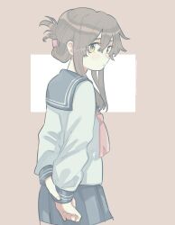 Rule 34 | 1girl, arms behind back, black sailor collar, black skirt, blush, brown hair, folded ponytail, inazuma (kancolle), kantai collection, looking at viewer, neckerchief, parted lips, pleated skirt, red neckerchief, sagamiso, sailor collar, school uniform, serafuku, simple background, skirt, solo, two-tone background, yellow eyes