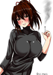 Rule 34 | 10s, 1girl, ar (lover boy), black shirt, blush, breasts, brown eyes, brown hair, brown ribbon, cigarette, hair ribbon, highres, ise (kancolle), kantai collection, large breasts, looking at viewer, parted lips, ponytail, ribbon, shirt, smile, solo, twitter username, undershirt, upper body