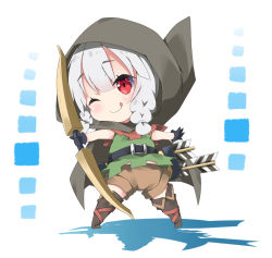 Rule 34 | 1girl, ;q, arrow (projectile), black gloves, blush, boots, bow (weapon), braid, brown cape, brown footwear, brown shorts, cape, closed mouth, commentary request, dragon&#039;s crown, elf, elf (dragon&#039;s crown), gloves, green shirt, hair between eyes, head tilt, holding, holding bow (weapon), holding weapon, hood, hood up, hooded cape, knee boots, low twintails, milkpanda, one eye closed, pointy ears, quiver, red eyes, shirt, short shorts, shorts, silver hair, sleeveless, sleeveless shirt, smile, solo, standing, tongue, tongue out, twin braids, twintails, weapon