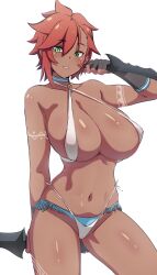 1girl absurdres bikini blush breasts collar cross-section dark-skinned_female dark_skin dual_wielding fingerless_gloves gloves green_eyes hair_between_eyes hair_over_one_eye highres holding huge_breasts looking_down lyra(itsnafulol) midriff paid_reward patreon_reward red_hair short_hair swimsuit sword tattoo thick_thighs thighs thong tomboy tribal tribal_tattoo weapon wide_hips zerobarto