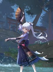 Rule 34 | 1girl, absurdres, armor, armored dress, ayaka (genshin impact), blue eyes, blunt bangs, breastplate, bridal gauntlets, bush, cloud, cloudy sky, commentary request, dancing, feet out of frame, floating hair, flower, folding fan, forest, genshin impact, grass, hair ornament, hair ribbon, hakama, hand fan, highres, holding, holding fan, huge filesize, japanese armor, japanese clothes, jewelry, kusazuri, long hair, mole, mole under eye, nature, neck ring, outdoors, ponytail, ribbon, rope belt, shrine, sidelocks, silver hair, sky, solo, sparkle, steeb, tassel, torii, tree, tress ribbon, vambraces, very long hair, wading, water, water drop, waterfall