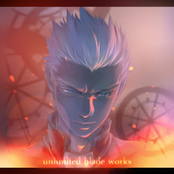 Rule 34 | 1boy, archer (fate), arkray, bad id, bad pixiv id, dark-skinned male, dark skin, fate/stay night, fate (series), gears, grey eyes, letterboxed, male focus, portrait, solo, unlimited blade works (fate), white hair