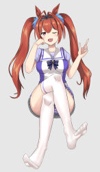 Rule 34 | 1girl, absurdres, animal ears, brown hair, collarbone, daiwa scarlet (umamusume), full body, grey background, highres, horse ears, horse girl, ladsdjadds, long hair, one eye closed, open mouth, panties, puffy short sleeves, puffy sleeves, sailor collar, school uniform, short sleeves, solo, striped clothes, striped panties, thighhighs, tiara, tracen school uniform, twintails, umamusume, underwear, white thighhighs