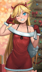 Rule 34 | 1girl, bag, bare shoulders, bauble, blonde hair, blue eyes, bow, box, christmas, christmas lights, christmas ornaments, christmas present, christmas tree, collarbone, commentary, dress, eyebrows, facial mark, fake horns, female focus, fur-trimmed dress, fur-trimmed gloves, fur trim, gift, gift box, gloves, grin, hairband, head tilt, heart, highres, holding, holding bag, horned headwear, horns, indoors, lasterk, long hair, looking at viewer, m/, one eye closed, parted lips, red bow, red gloves, sack, santa costume, santa gloves, smile, solo, standing, star butterfly, star vs the forces of evil, upper body, very long hair, wink