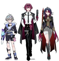 Rule 34 | 1girl, 2boys, absurdres, asymmetrical clothes, bandaged arm, bandages, belt, black footwear, black gloves, black hair, blade (honkai: star rail), boots, breasts, choker, coat, coat on shoulders, fingerless gloves, full body, genderswap, genderswap (ftm), genderswap (mtf), gloves, grey hair, gun, hair over one eye, hand in pocket, hand on own hip, highres, holding, holding gun, holding sword, holding weapon, honkai: star rail, honkai (series), jacket, kafka (honkai: star rail), long sleeves, looking at viewer, medium breasts, multicolored hair, multiple boys, necktie, pants, pillosopi, red eyes, shirt, shorts, silver wolf (honkai: star rail), simple background, single pantsleg, smile, standing, sword, twitter username, weapon, white background, white shirt