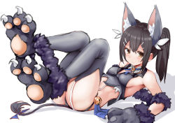 Rule 34 | 1girl, animal ear fluff, animal ears, animal hands, ass, bare shoulders, bell, black footwear, black gloves, black hair, black panties, blue ribbon, blush, breasts, brown eyes, cat ears, cat tail, claws, closed mouth, commentary request, crop top, fate/kaleid liner prisma illya, fate (series), frown, fur-trimmed footwear, fur-trimmed gloves, fur trim, garter straps, gloves, grey thighhighs, hair ornament, hair ribbon, hairclip, jingle bell, legs up, long hair, looking at viewer, lying, miyu edelfelt, noa (nagareboshi), on back, panties, paw gloves, paw shoes, ribbon, shadow, shoes, sideboob, simple background, small breasts, solo, tail, tail ornament, tail ribbon, thighhighs, twintails, underwear, white background, white ribbon