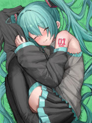 1girl aqua_eyes aqua_hair bare_shoulders black_skirt black_sleeves blush commentary_request detached_sleeves fetal_position foot_out_of_frame grey_shirt hair_between_eyes hair_ornament hatsune_miku highres kanimiso_uni long_hair lying number_tattoo on_side pleated_skirt shirt skirt solo tattoo tearing_up tears thighhighs twintails very_long_hair vocaloid wide_sleeves