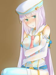 Rule 34 | 1girl, belt, blush, breasts, brown background, covering privates, elbow gloves, full-face blush, gloves, green eyes, gundam, gundam exa, hat, large breasts, light purple hair, long hair, looking at viewer, necktie, shirt, sitting, solo, sthesia awar, thighhighs, very long hair, wet, wet clothes, wet shirt, white gloves, white thighhighs, yozora (yaku)